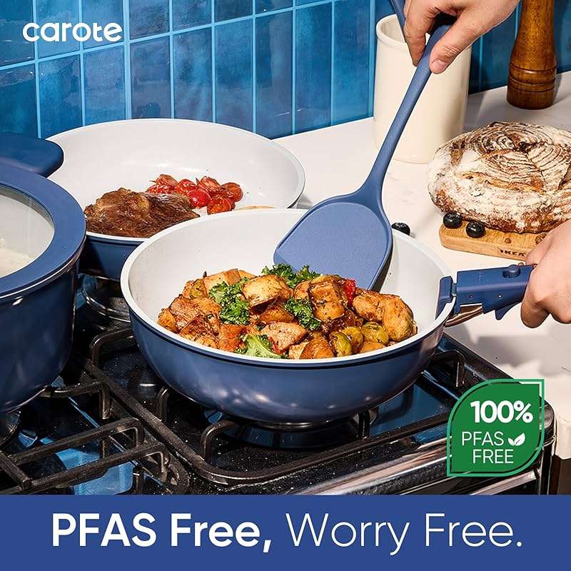 CAROTE 27pcs Ceramic Cookware Set Nonstick, Pots and Pans Set Non Stick, Non Toxic Cookware Detachable Handles, Dishwasher/Oven Safe, RV/Camping Cookware with Kitchen Utensils, Blue - Image 7