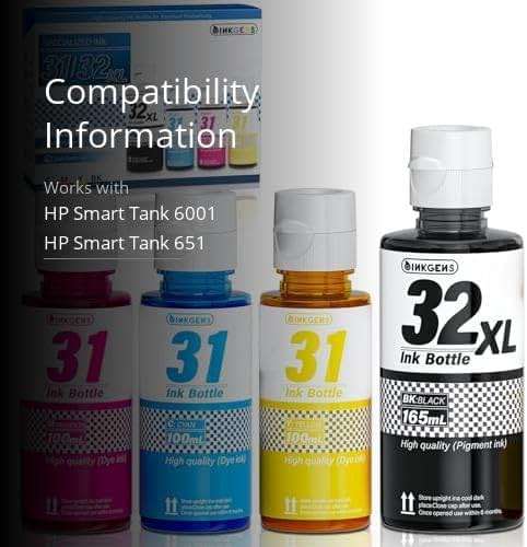 31 32XL Ink Bottle Set Refill for HP Smart Tank 7600 7602 7300 7301 7001, 5000 5101 5102, 6000 6001 651 551 Printer. Black CMY - Image 3