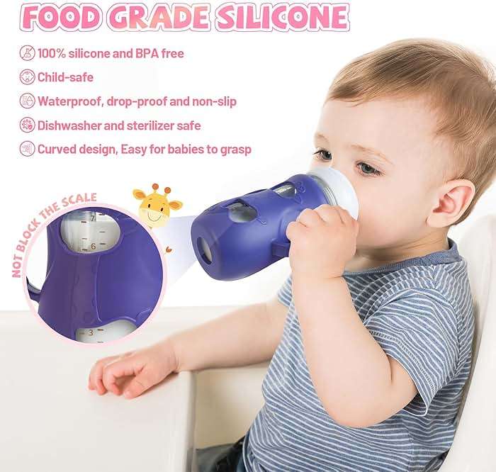 3 Pack Silicone Sleeves for Philips Avent Natural Glass Baby Bottle, Food Grade Silicone Cover and 3pcs Travel Caps, Lids Replacement (White+Pink+Purple, 8oz) - Image 2