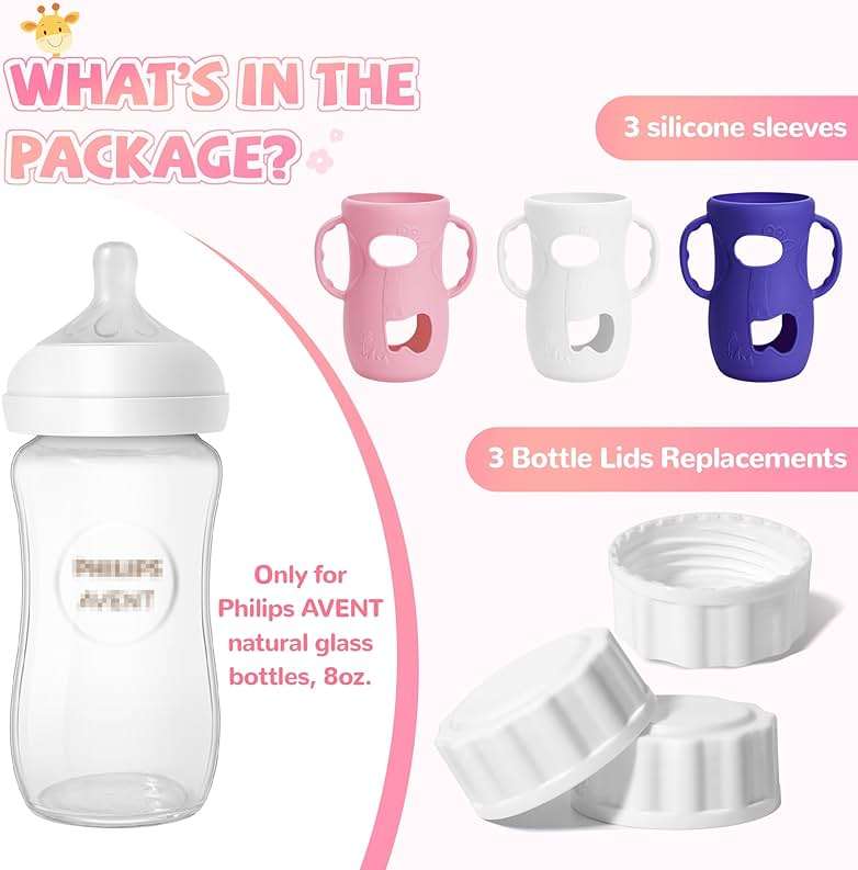 3 Pack Silicone Sleeves for Philips Avent Natural Glass Baby Bottle, Food Grade Silicone Cover and 3pcs Travel Caps, Lids Replacement (White+Pink+Purple, 8oz) - Image 3
