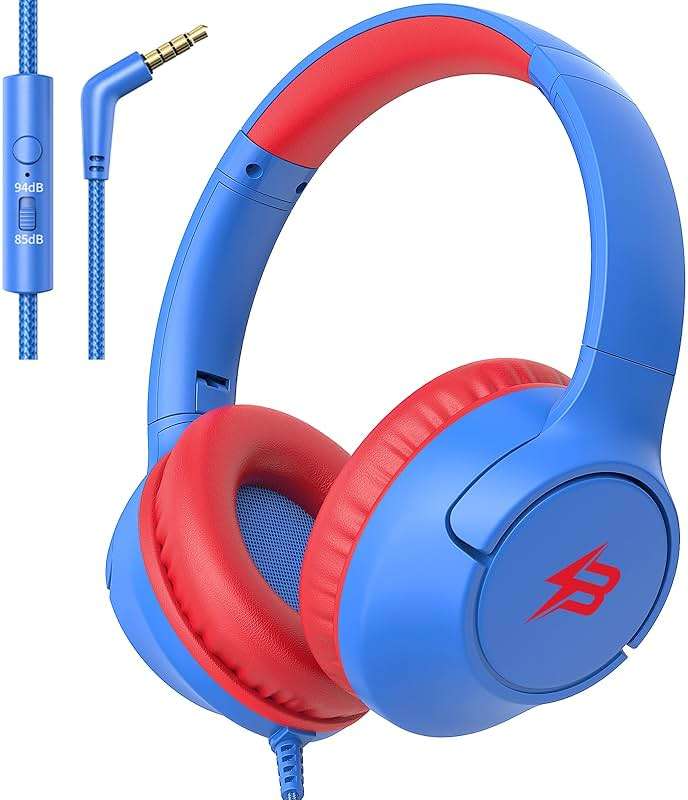 Kids Headphones for School, 85/94 dB Volume Limit, Wired Over Ear Headphones for Kids Boys Girls with Microphone, Foldable Stereo Sound 3.5mm Wired Cord for Kindle Tablet Airplane Travel, Blue - Image 2