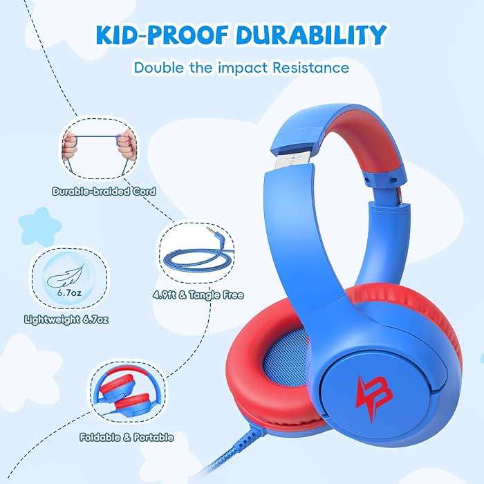 Kids Headphones for School, 85/94 dB Volume Limit, Wired Over Ear Headphones for Kids Boys Girls with Microphone, Foldable Stereo Sound 3.5mm Wired Cord for Kindle Tablet Airplane Travel, Blue - Image 5