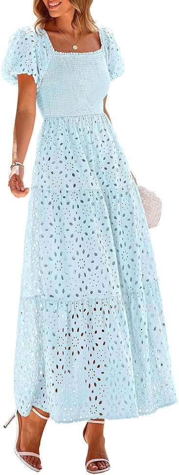 PRETTYGARDEN Summer Dresses for Women 2026 Eyelet Square Neck Puff Sleeve Smocked Wedding Guest Maxi Dress with Pockets - Image 1