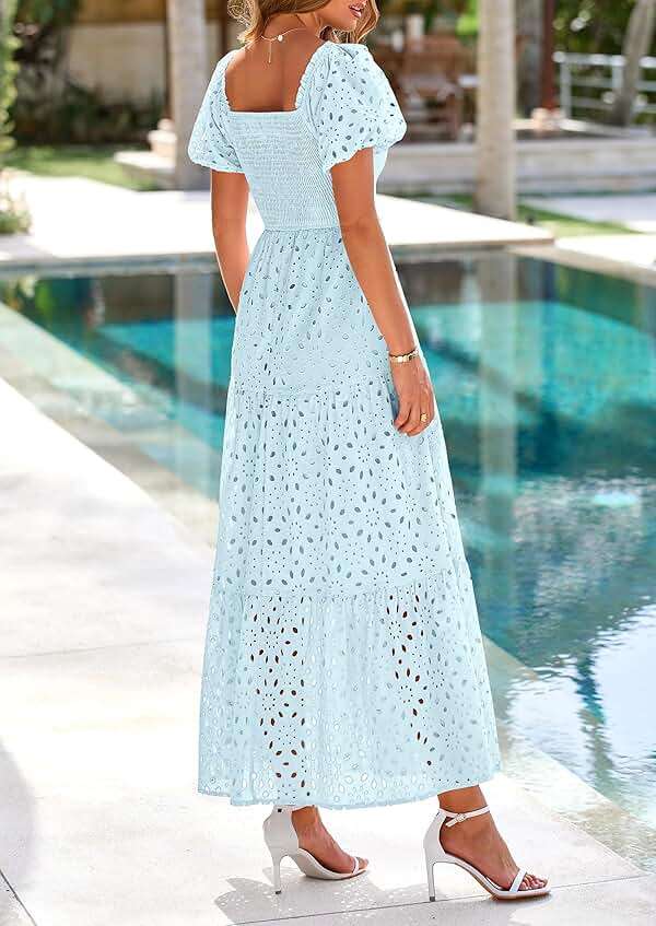 PRETTYGARDEN Summer Dresses for Women 2026 Eyelet Square Neck Puff Sleeve Smocked Wedding Guest Maxi Dress with Pockets - Image 2