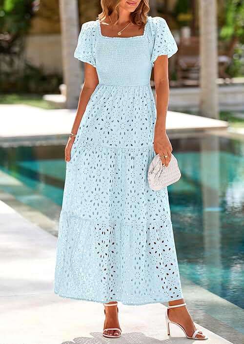 PRETTYGARDEN Summer Dresses for Women 2026 Eyelet Square Neck Puff Sleeve Smocked Wedding Guest Maxi Dress with Pockets - Image 3