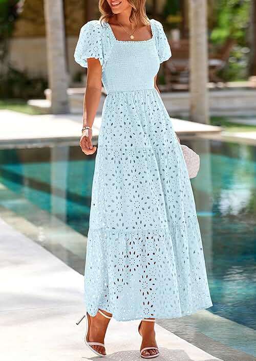PRETTYGARDEN Summer Dresses for Women 2026 Eyelet Square Neck Puff Sleeve Smocked Wedding Guest Maxi Dress with Pockets - Image 4