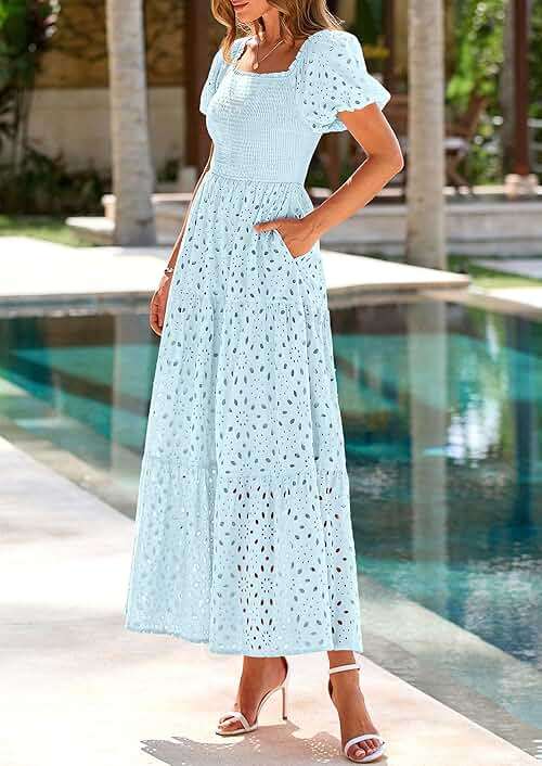 PRETTYGARDEN Summer Dresses for Women 2026 Eyelet Square Neck Puff Sleeve Smocked Wedding Guest Maxi Dress with Pockets - Image 6