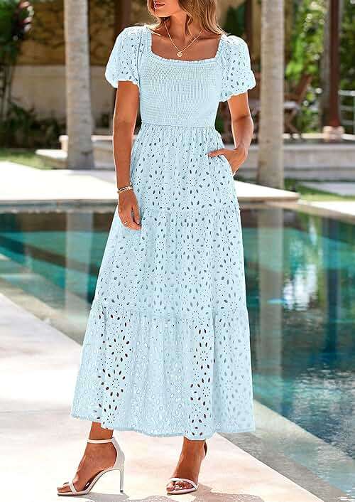 PRETTYGARDEN Summer Dresses for Women 2026 Eyelet Square Neck Puff Sleeve Smocked Wedding Guest Maxi Dress with Pockets - Image 8