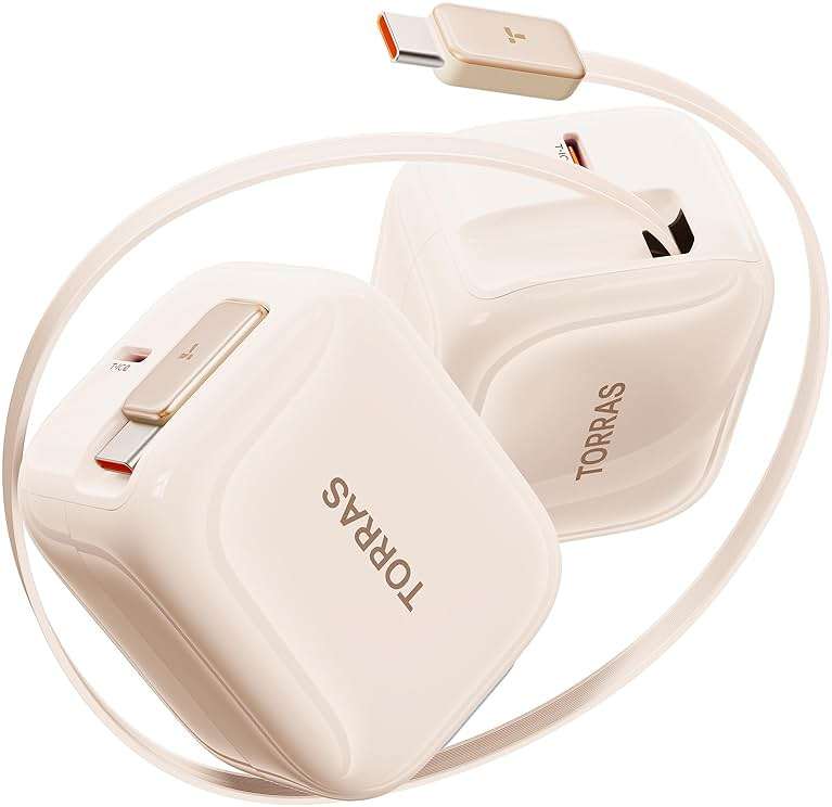 TORRAS FlexLine 40W for iPhone 17 Charger, Dual-Port USB C Charger Block with Retractable Cable, Fast Charging Type-C Power Adapter for iPhone 16/15/Samsung Galaxy S25 Ultra/S24, Gold - Image 1