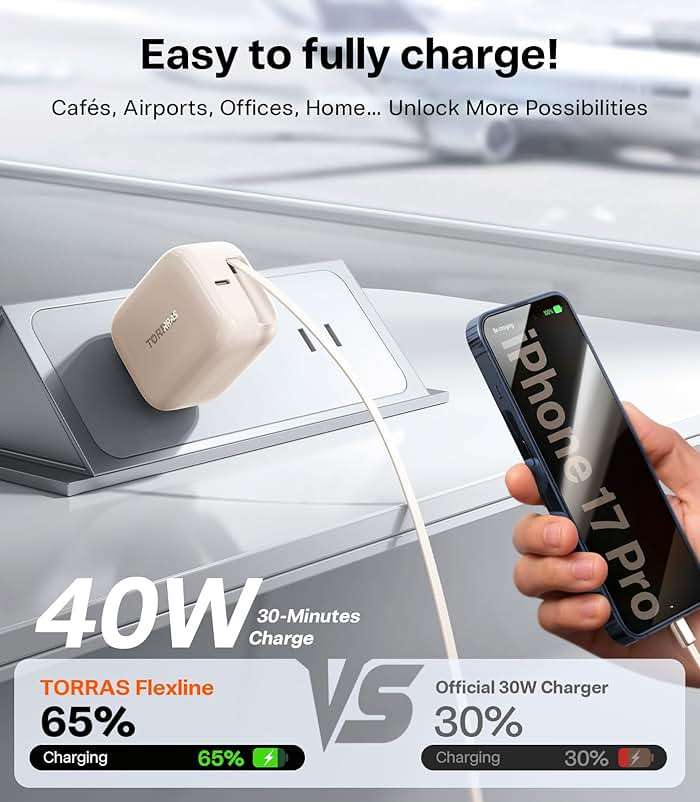 TORRAS FlexLine 40W for iPhone 17 Charger, Dual-Port USB C Charger Block with Retractable Cable, Fast Charging Type-C Power Adapter for iPhone 16/15/Samsung Galaxy S25 Ultra/S24, Gold - Image 2