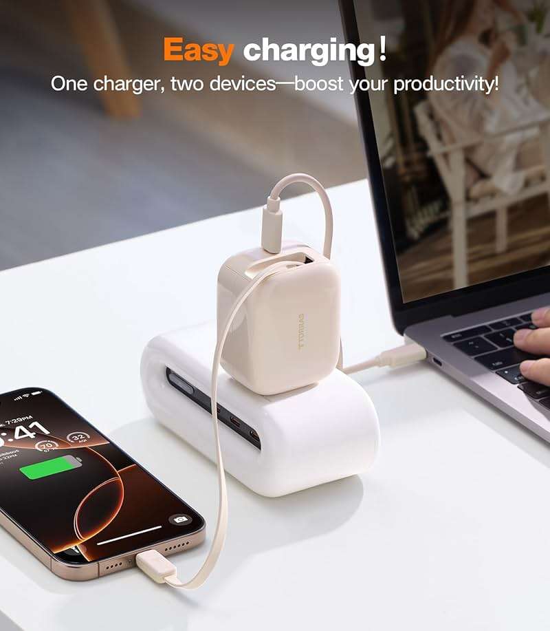 TORRAS FlexLine 40W for iPhone 17 Charger, Dual-Port USB C Charger Block with Retractable Cable, Fast Charging Type-C Power Adapter for iPhone 16/15/Samsung Galaxy S25 Ultra/S24, Gold - Image 6