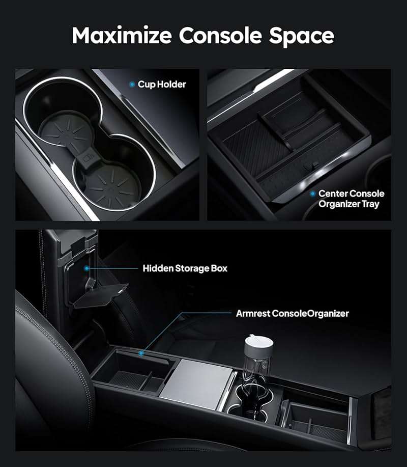 Wigoo Center Console Organizer for Tesla Model Y Juniper (Only Premium & Performance 2025 2026) and All Model 3 Highland Accessories [Double-Layer Storage, Smooth Sliding] 4PCS Black - Image 2