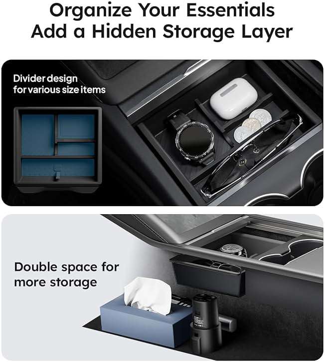 Wigoo Center Console Organizer for Tesla Model Y Juniper (Only Premium & Performance 2025 2026) and All Model 3 Highland Accessories [Double-Layer Storage, Smooth Sliding] 4PCS Black - Image 3
