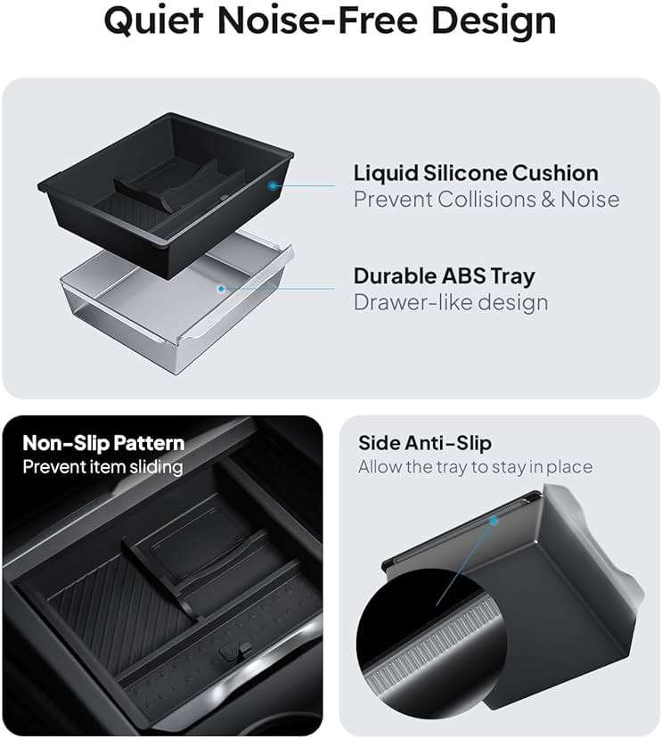 Wigoo Center Console Organizer for Tesla Model Y Juniper (Only Premium & Performance 2025 2026) and All Model 3 Highland Accessories [Double-Layer Storage, Smooth Sliding] 4PCS Black - Image 4