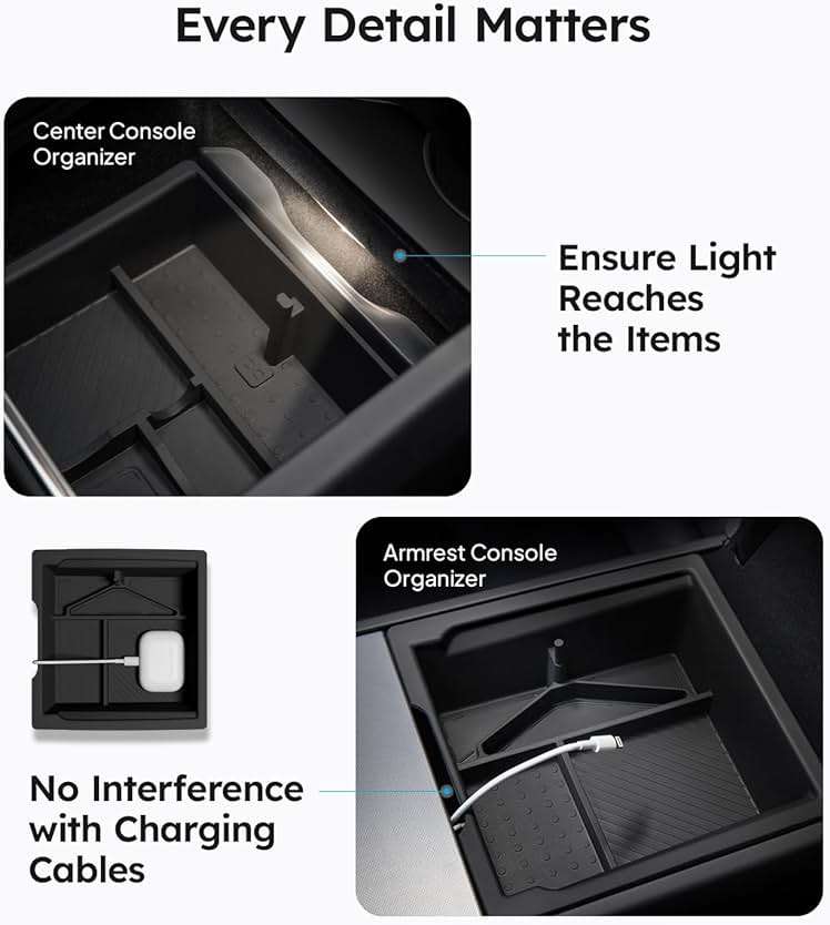 Wigoo Center Console Organizer for Tesla Model Y Juniper (Only Premium & Performance 2025 2026) and All Model 3 Highland Accessories [Double-Layer Storage, Smooth Sliding] 4PCS Black - Image 5