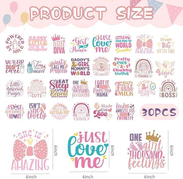 Dazoratix Baby Iron on Transfers - 30 Pcs Pink Ready to Press Heat Transfer Vinyl Stickers Onesie Decorating Kit Bodysuit Patches for Girl Shower Gender Reveal Party T-Shirts Hat DIY Crafts - Image 3