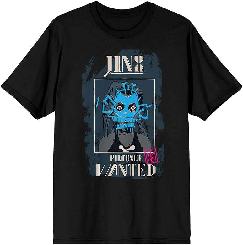 League of Legends Arcane Puff Print Jinx Wanted Poster Adult Black Crew Neck Short Sleeve T-Shirt - Image 1