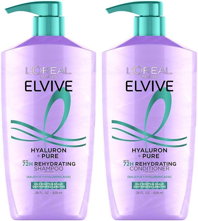 L'Oreal Paris Elvive Hyaluron + Pure Shampoo and Conditioner Set, Clarifying Shampoo and Rehydrating Conditioner with Salicylic Acid and Hyaluronic Acid, 56 Fl Oz Set - Image 1
