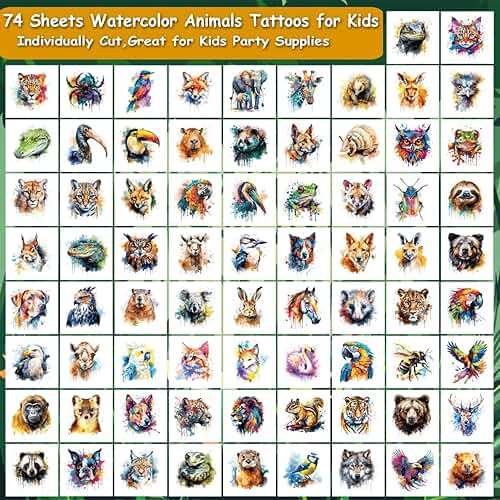 CHARLENT Watercolor Safari Animals Temporary Tattoos for Kids Party Supplies - 74 Individually Sheets Animals Tattoos for Boys Girls Birthday Party Favors - Image 2