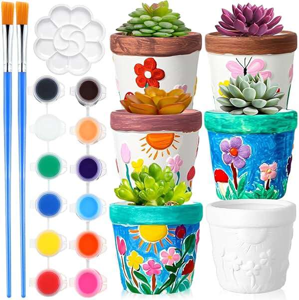 Pasimy 6 Set Ceramics to Paint DIY Ceramic Succulent Planter Pots Paint Your Own Flower Pots Craft Kit Unpainted Bisque Flowerpot with Brush Palette for Family Activity Holiday Gifts(Classic) - Image 1