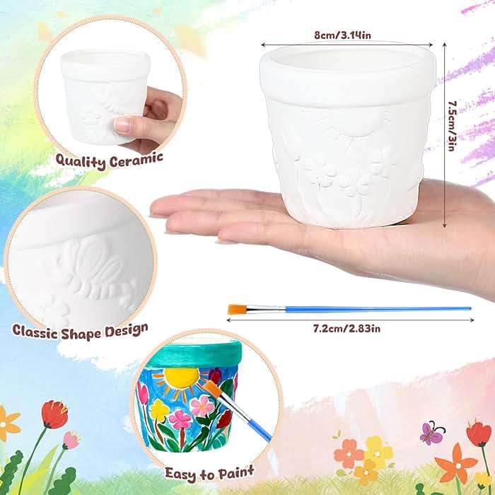 Pasimy 6 Set Ceramics to Paint DIY Ceramic Succulent Planter Pots Paint Your Own Flower Pots Craft Kit Unpainted Bisque Flowerpot with Brush Palette for Family Activity Holiday Gifts(Classic) - Image 2