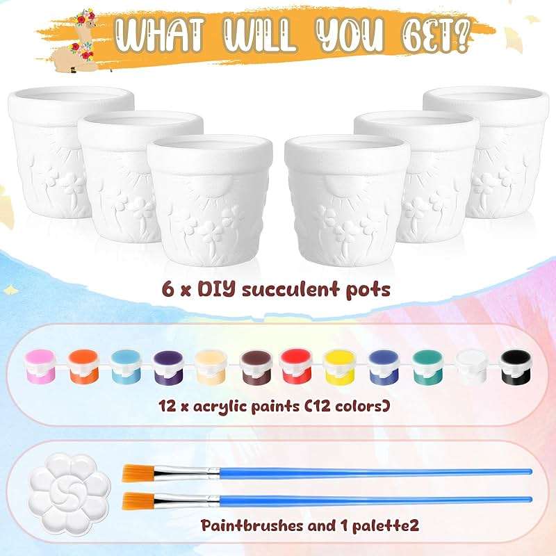 Pasimy 6 Set Ceramics to Paint DIY Ceramic Succulent Planter Pots Paint Your Own Flower Pots Craft Kit Unpainted Bisque Flowerpot with Brush Palette for Family Activity Holiday Gifts(Classic) - Image 3