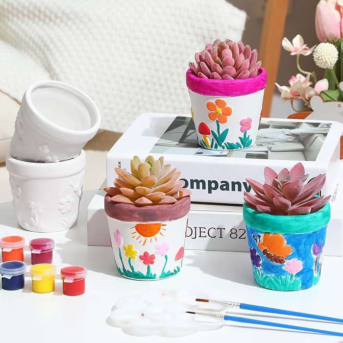 Pasimy 6 Set Ceramics to Paint DIY Ceramic Succulent Planter Pots Paint Your Own Flower Pots Craft Kit Unpainted Bisque Flowerpot with Brush Palette for Family Activity Holiday Gifts(Classic) - Image 4