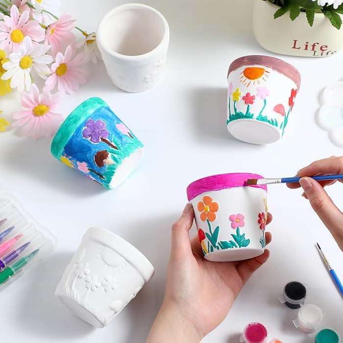 Pasimy 6 Set Ceramics to Paint DIY Ceramic Succulent Planter Pots Paint Your Own Flower Pots Craft Kit Unpainted Bisque Flowerpot with Brush Palette for Family Activity Holiday Gifts(Classic) - Image 5