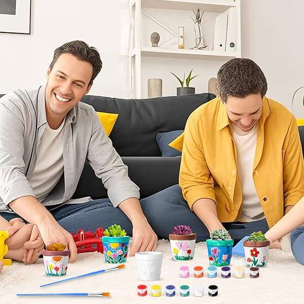 Pasimy 6 Set Ceramics to Paint DIY Ceramic Succulent Planter Pots Paint Your Own Flower Pots Craft Kit Unpainted Bisque Flowerpot with Brush Palette for Family Activity Holiday Gifts(Classic) - Image 6