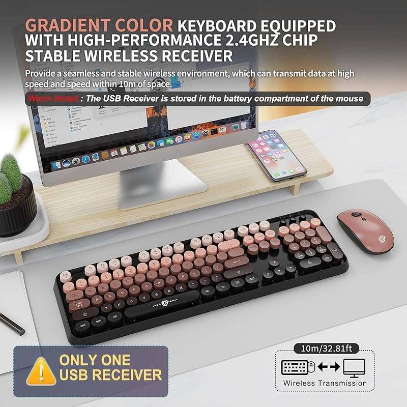 Wireless Keyboard and Mouse Combo, 104 Round Keys Cute Colorful Keyboard and Mouse with Retro Typewriter for PC/Mac/Laptop/Tablet/Computer/Windows Black - Image 2