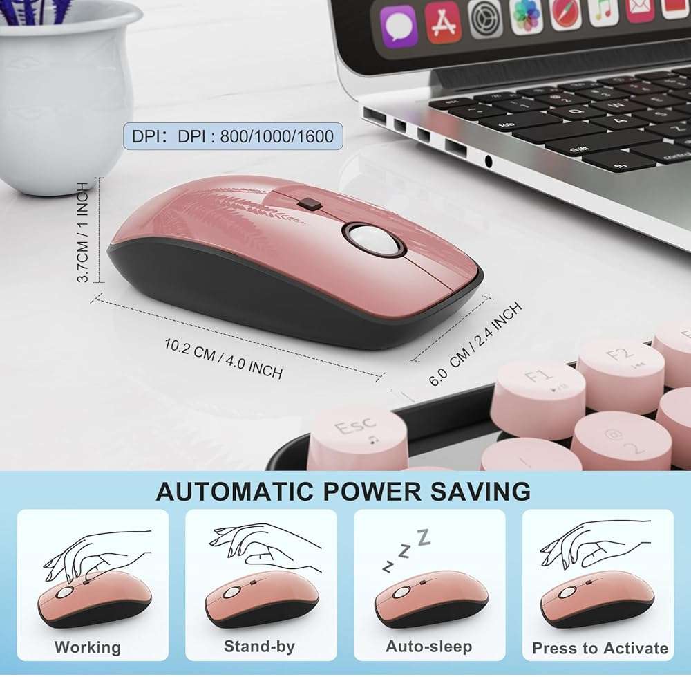 Wireless Keyboard and Mouse Combo, 104 Round Keys Cute Colorful Keyboard and Mouse with Retro Typewriter for PC/Mac/Laptop/Tablet/Computer/Windows Black - Image 4