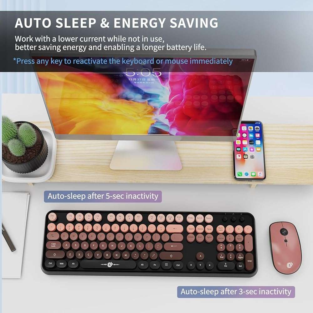 Wireless Keyboard and Mouse Combo, 104 Round Keys Cute Colorful Keyboard and Mouse with Retro Typewriter for PC/Mac/Laptop/Tablet/Computer/Windows Black - Image 5