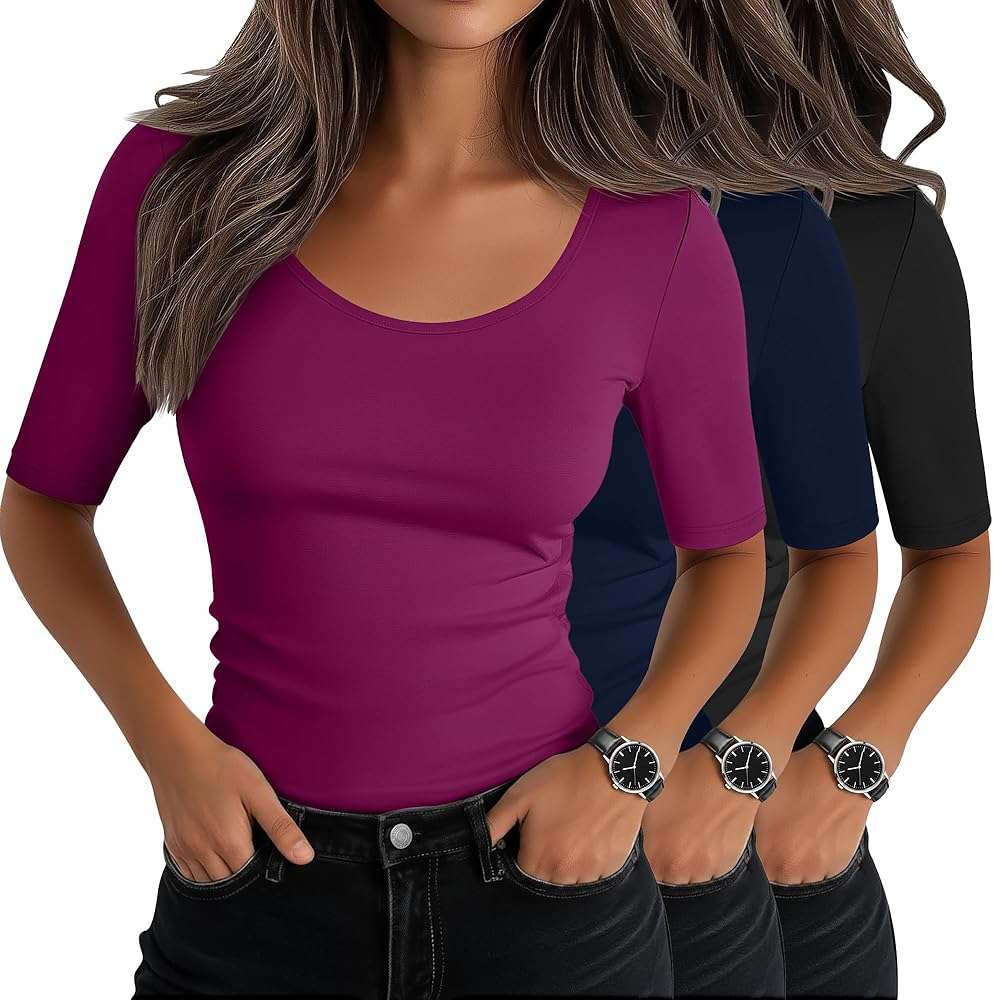 Neer 3 Pack Women's Scoop Neck Tops Half Sleeve Slim Fitted Cotton Blend Stretchy T-Shirts Tight Casual Basic Tees - Image 1