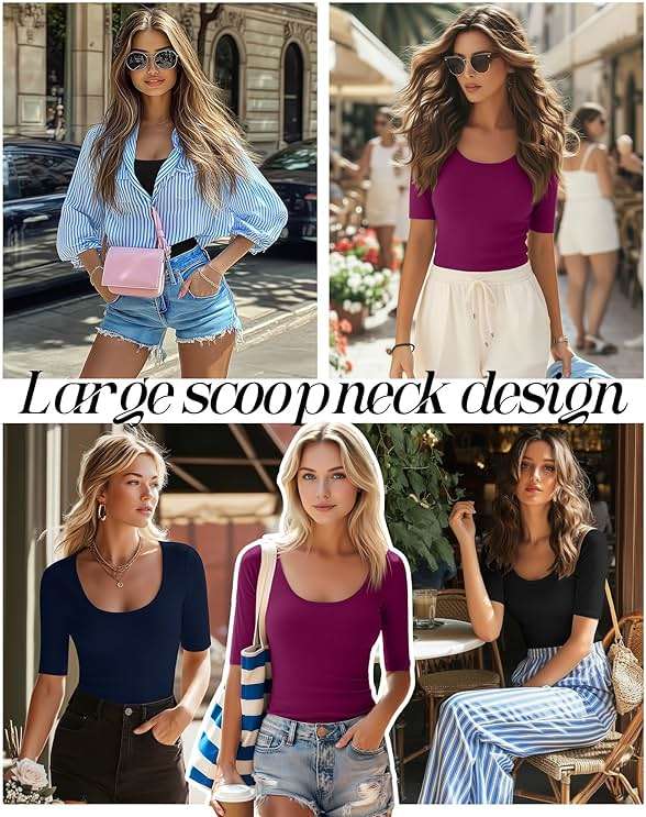 Neer 3 Pack Women's Scoop Neck Tops Half Sleeve Slim Fitted Cotton Blend Stretchy T-Shirts Tight Casual Basic Tees - Image 2