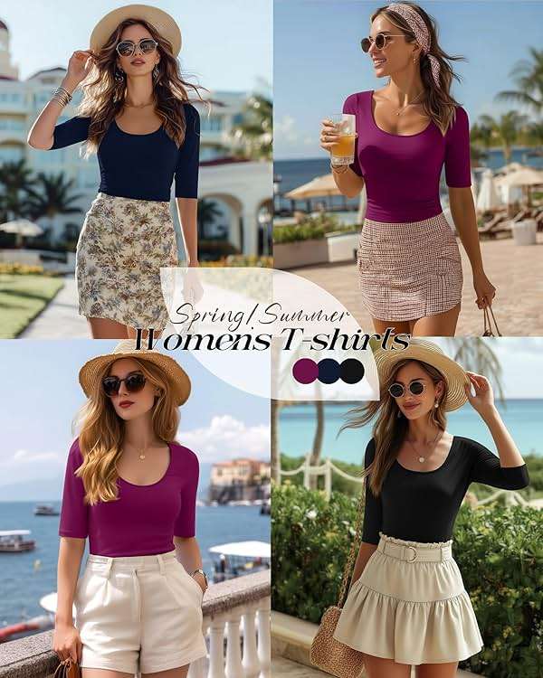 Neer 3 Pack Women's Scoop Neck Tops Half Sleeve Slim Fitted Cotton Blend Stretchy T-Shirts Tight Casual Basic Tees - Image 3