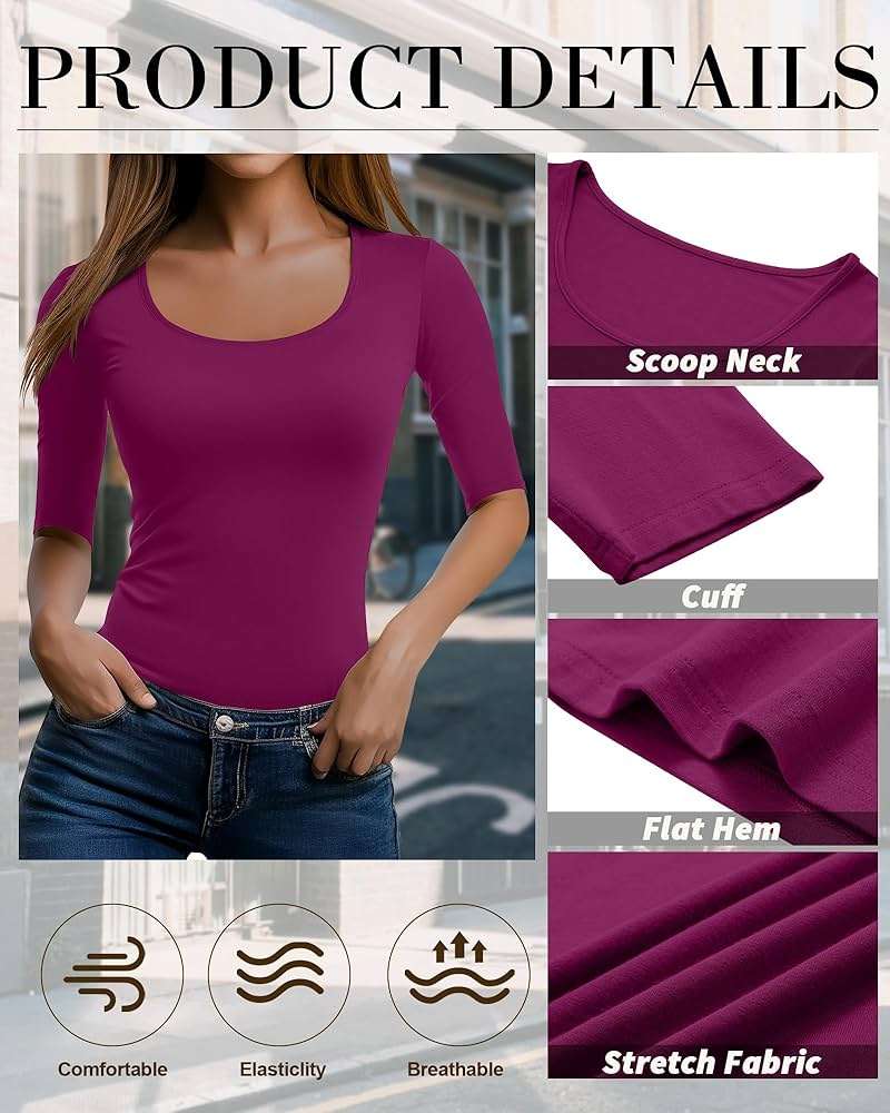 Neer 3 Pack Women's Scoop Neck Tops Half Sleeve Slim Fitted Cotton Blend Stretchy T-Shirts Tight Casual Basic Tees - Image 4