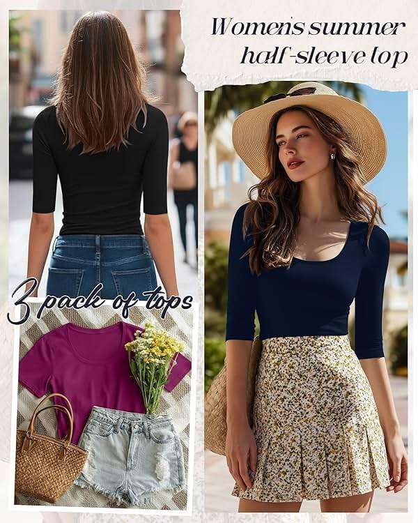 Neer 3 Pack Women's Scoop Neck Tops Half Sleeve Slim Fitted Cotton Blend Stretchy T-Shirts Tight Casual Basic Tees - Image 5