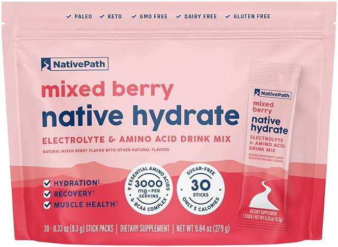 NativePath Hydrate Electrolyte Stick Packs – Zero Sugar Drink Mix with 2,000mg BCAAs, 14 Vitamins & Minerals – Mixed Berry Keto Hydration, 30 Single-Serve Packets - Image 1
