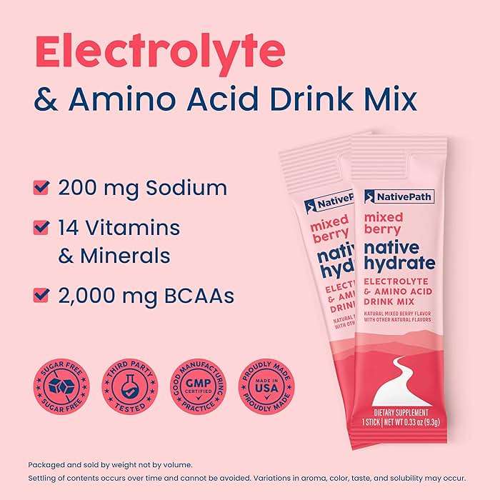 NativePath Hydrate Electrolyte Stick Packs – Zero Sugar Drink Mix with 2,000mg BCAAs, 14 Vitamins & Minerals – Mixed Berry Keto Hydration, 30 Single-Serve Packets - Image 4
