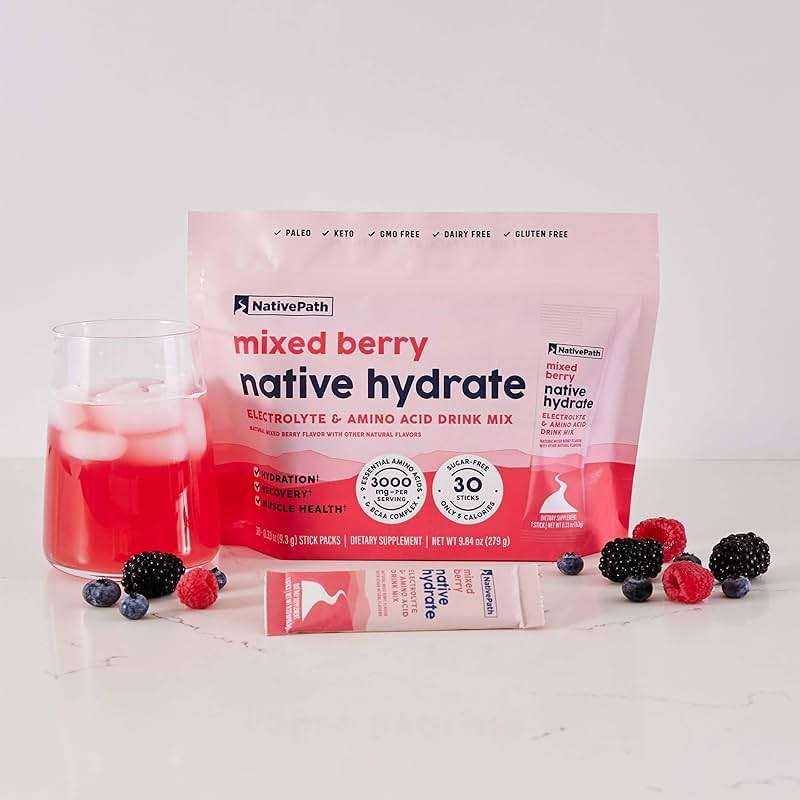 NativePath Hydrate Electrolyte Stick Packs – Zero Sugar Drink Mix with 2,000mg BCAAs, 14 Vitamins & Minerals – Mixed Berry Keto Hydration, 30 Single-Serve Packets - Image 8