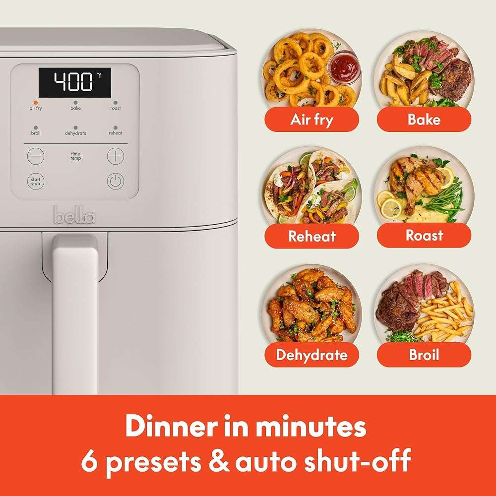 bella 6 Qt Slim Air Fryer, Fits-anywhere™ Kitchenware, EverGood™ Ceramic Nonstick Coating, Adjustable Temperature, 6 Preset Cooking Options, 60 Min Auto Shutoff w Audible Tone, 5lb Capacity, Oatmilk - Image 6