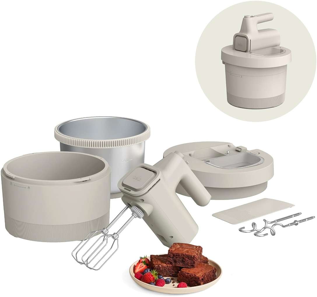 bella 3.5 Qt Hand & Stand Mixer, 2 in 1 Electric Mixer with Bowl, Dough Hook, Whisk & Egg Beater, Multifunctional Handheld Mixer for Baking, 200 Watt, Oatmilk - Image 1