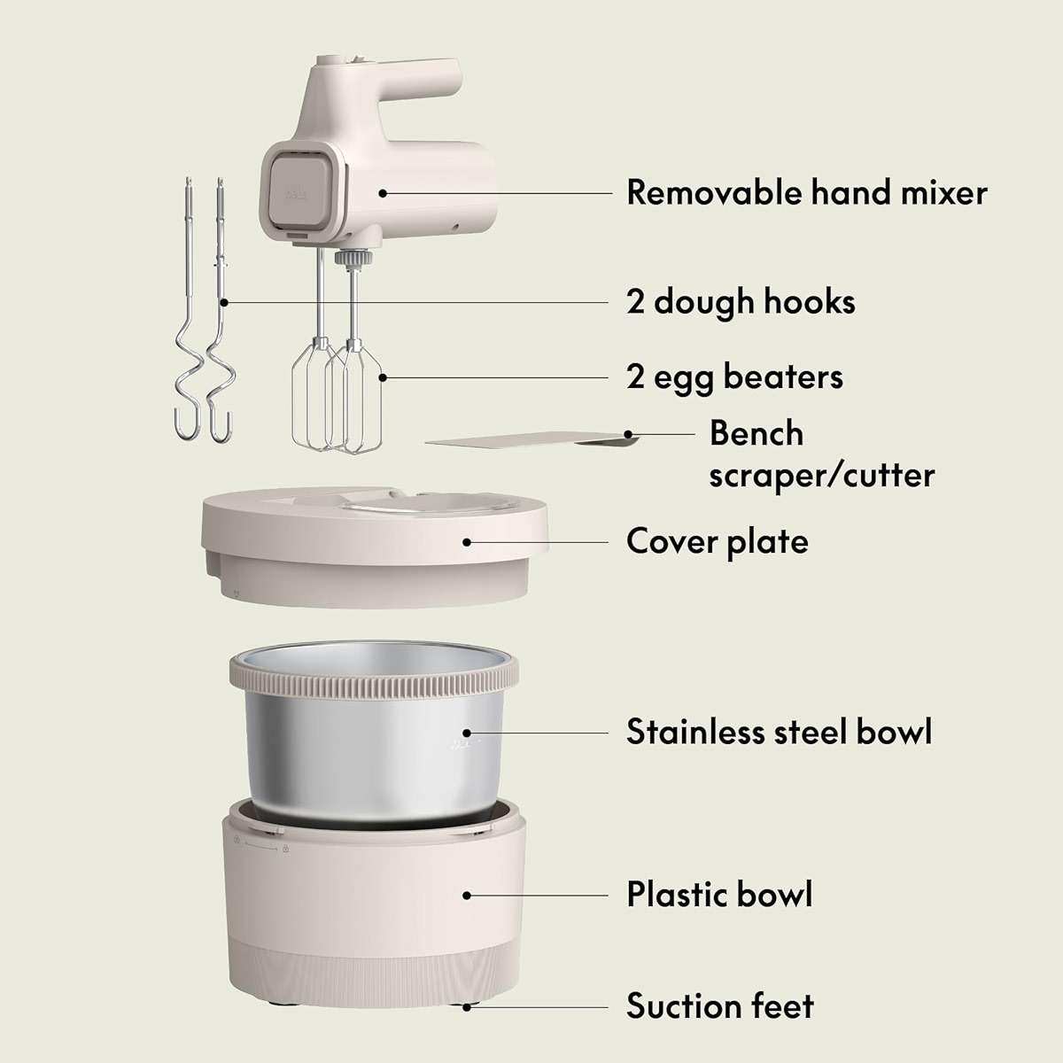 bella 3.5 Qt Hand & Stand Mixer, 2 in 1 Electric Mixer with Bowl, Dough Hook, Whisk & Egg Beater, Multifunctional Handheld Mixer for Baking, 200 Watt, Oatmilk - Image 3