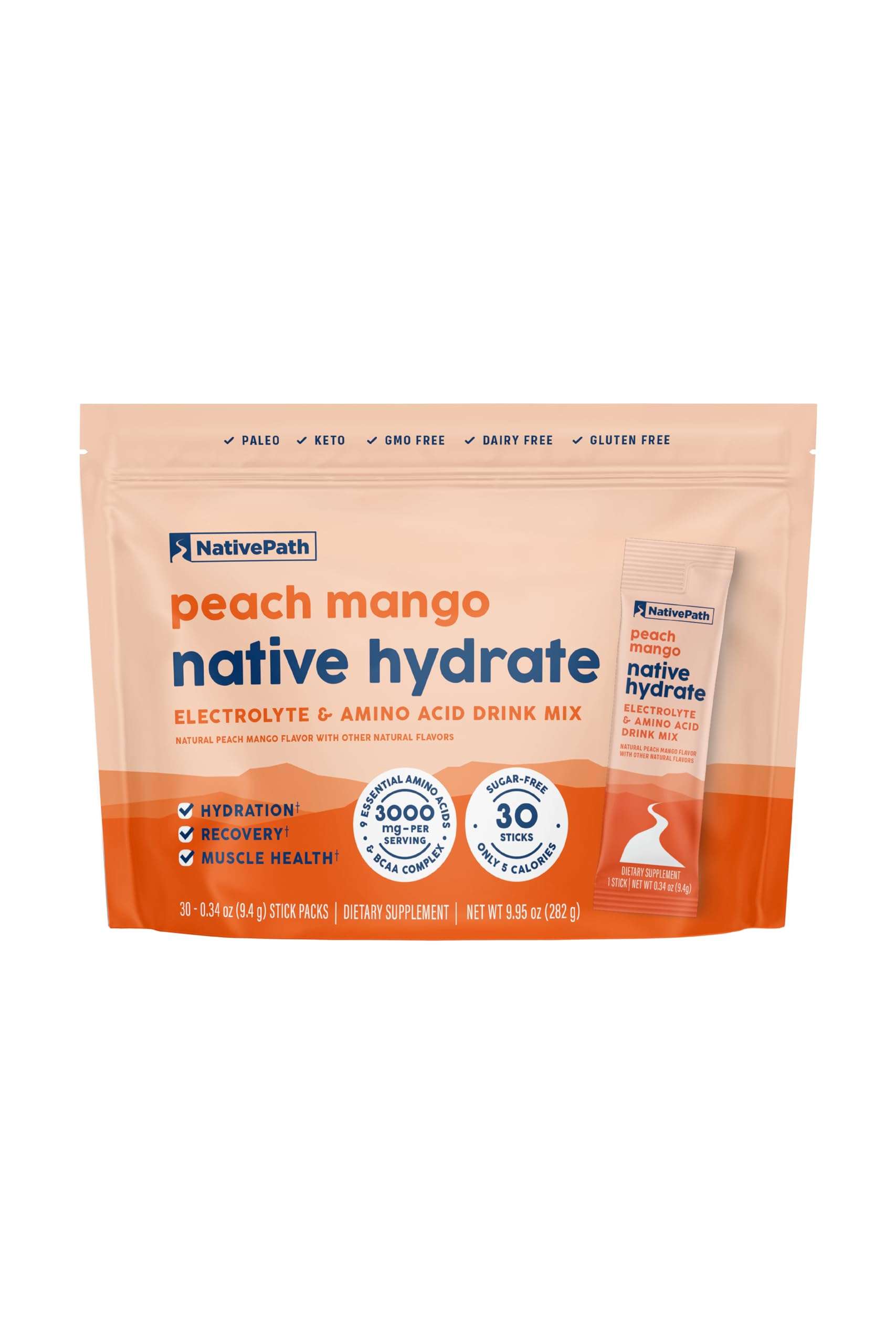 NativePath Hydrate Electrolyte Stick Packs – Zero Sugar Drink Mix with 2,000mg BCAAs, 14 Vitamins & Minerals – Peach Mango Keto Hydration, 30 Single-Serve Packets - Image 1