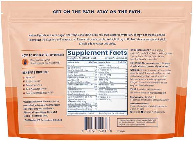 NativePath Hydrate Electrolyte Stick Packs – Zero Sugar Drink Mix with 2,000mg BCAAs, 14 Vitamins & Minerals – Peach Mango Keto Hydration, 30 Single-Serve Packets - Image 3