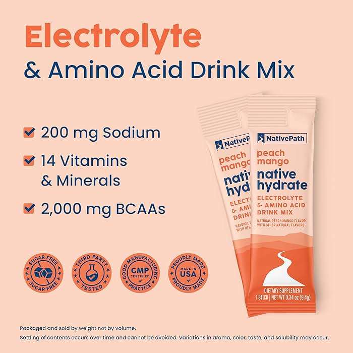 NativePath Hydrate Electrolyte Stick Packs – Zero Sugar Drink Mix with 2,000mg BCAAs, 14 Vitamins & Minerals – Peach Mango Keto Hydration, 30 Single-Serve Packets - Image 4