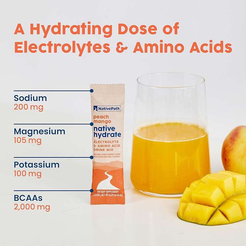 NativePath Hydrate Electrolyte Stick Packs – Zero Sugar Drink Mix with 2,000mg BCAAs, 14 Vitamins & Minerals – Peach Mango Keto Hydration, 30 Single-Serve Packets - Image 6