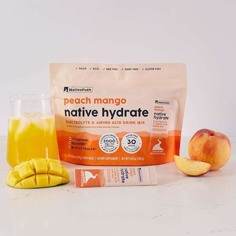 NativePath Hydrate Electrolyte Stick Packs – Zero Sugar Drink Mix with 2,000mg BCAAs, 14 Vitamins & Minerals – Peach Mango Keto Hydration, 30 Single-Serve Packets - Image 8