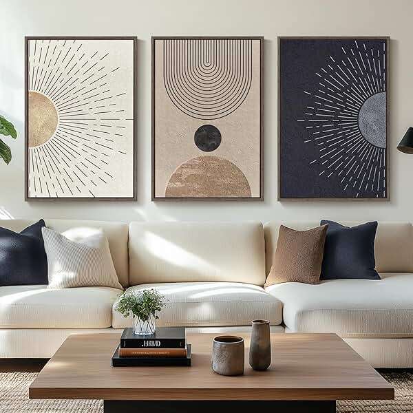 Framed Large Boho Neutral Abstract Wall Art for Living Room, Black Beige Sun and Moon Paintings Prints for Hallway Office, Set of 3 Piece Modern Minimalist Canvas Artwork Pictures 24x36 Inch - Image 1