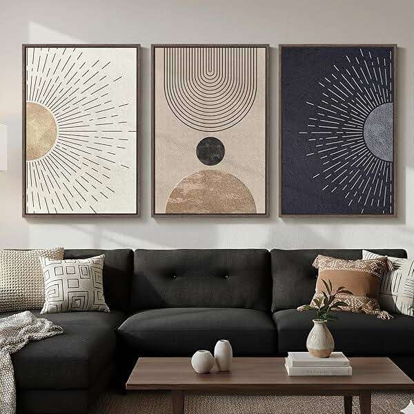 Framed Large Boho Neutral Abstract Wall Art for Living Room, Black Beige Sun and Moon Paintings Prints for Hallway Office, Set of 3 Piece Modern Minimalist Canvas Artwork Pictures 24x36 Inch - Image 2